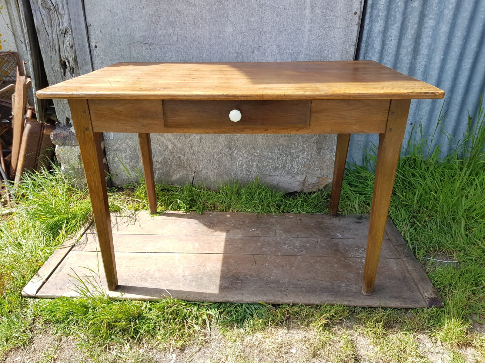 Old Farm Table - Wood Drawer Feet Compas Handle Vintage Porcelain