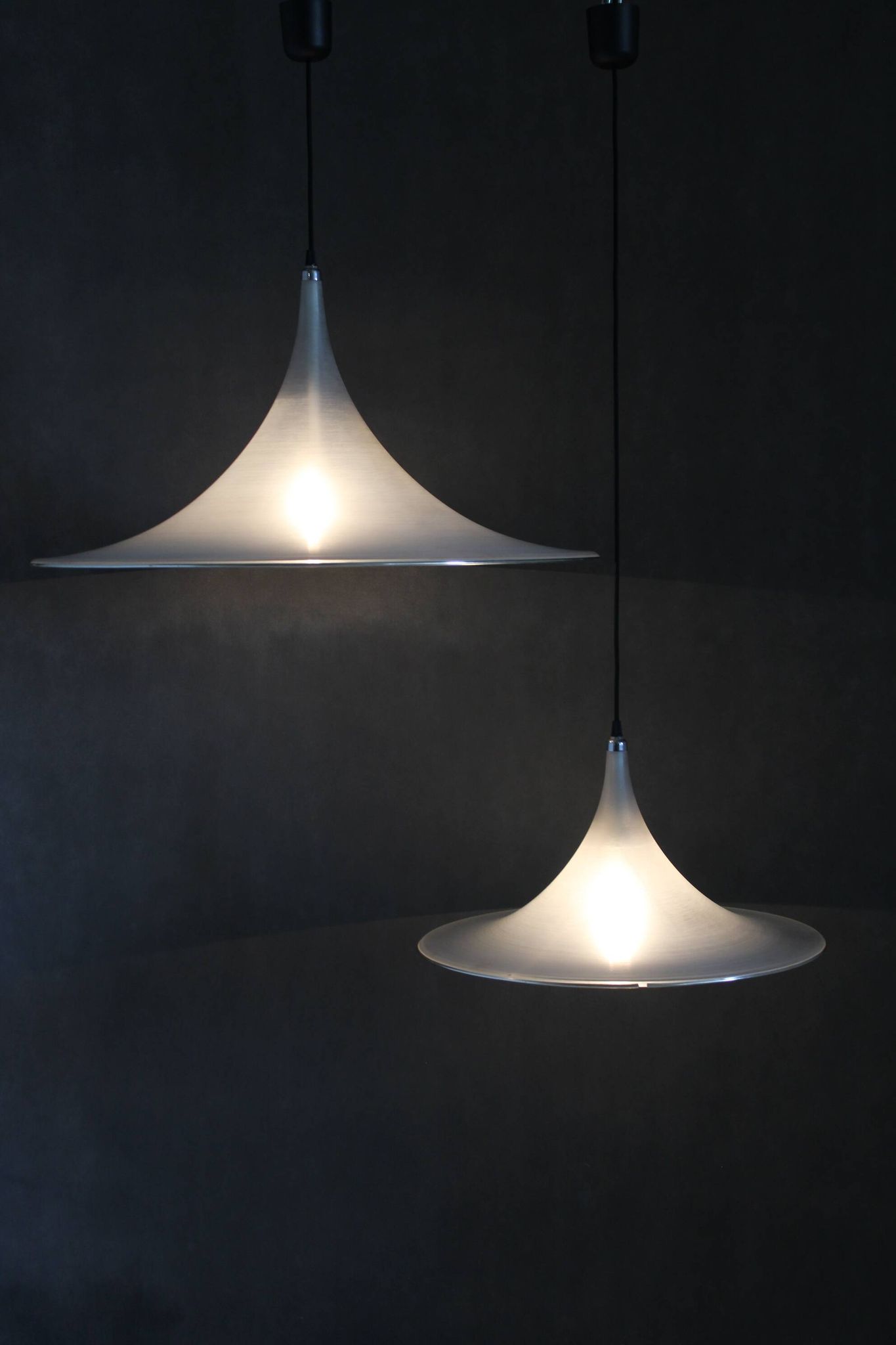 1970s Pair of Guzzini "Trumpet" Pendant Lamps by Meblo , Italy