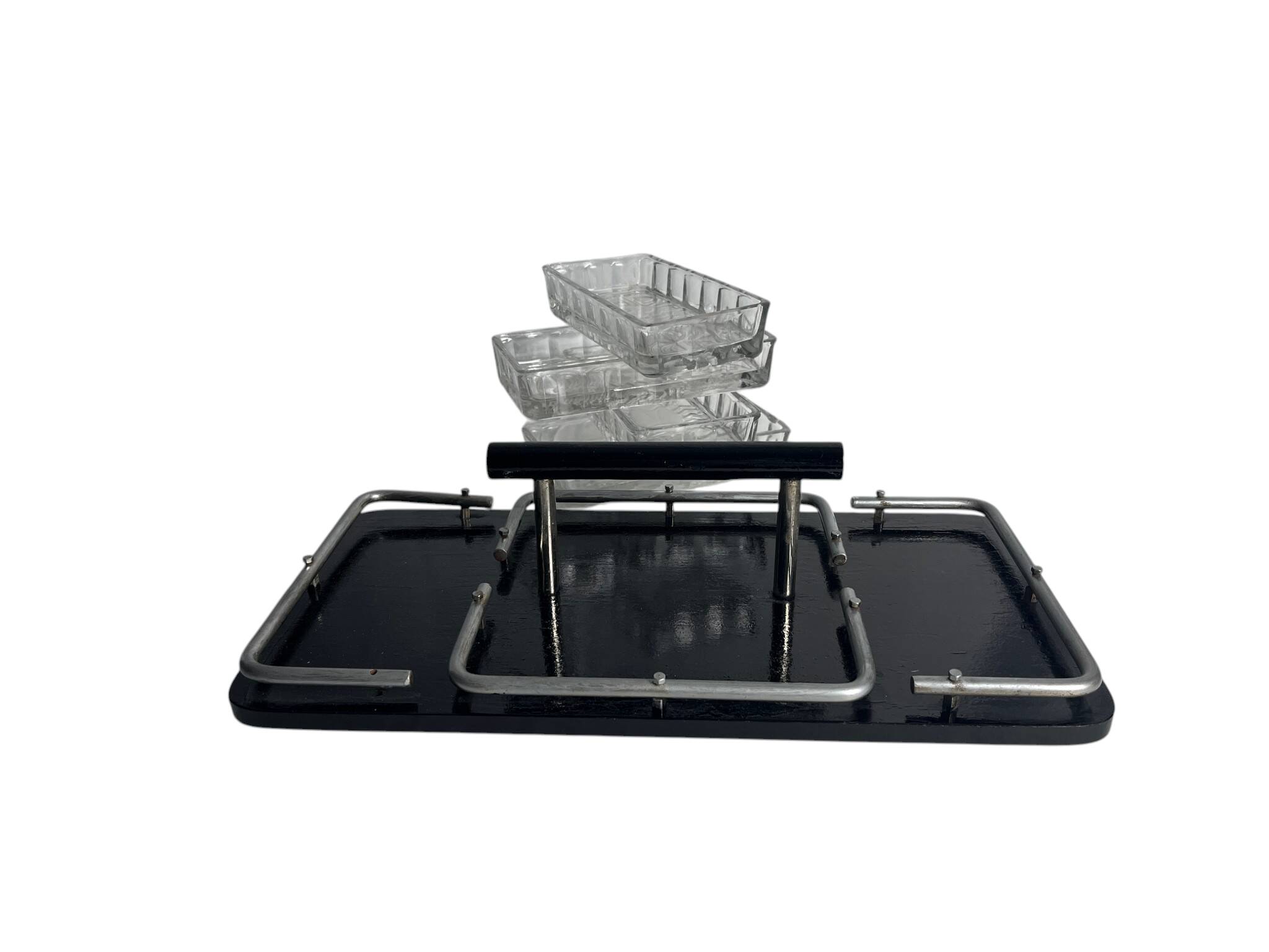 Art Deco, serving tray with glass ramekins for fish and shellfish from around 1940.