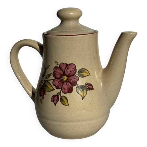 Théière en grès beige vintage à motif de fleurs roses H22