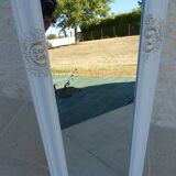 Large wooden mirror on tilting psyche stand in whitewashed gold with molding