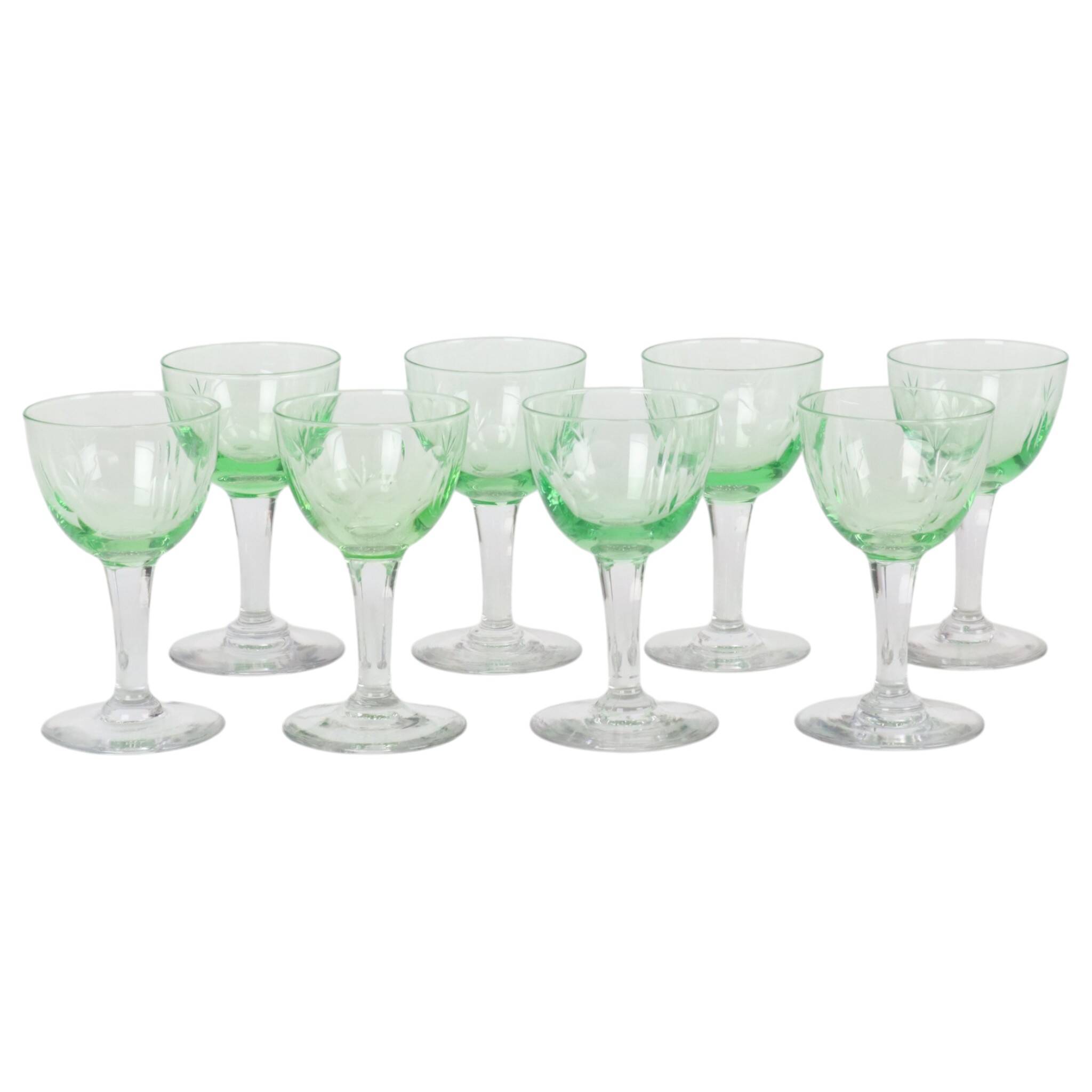 Set of 8 Val Saint Lambert Uranium Glass Aperitif Glasses