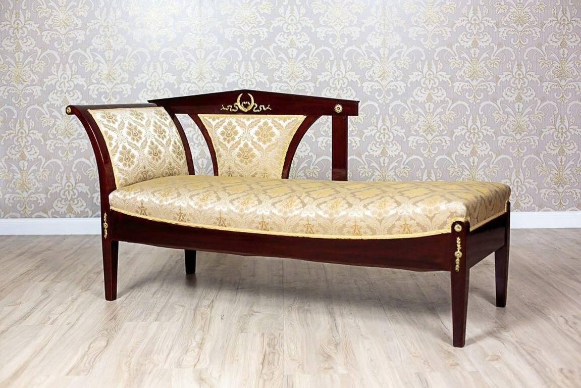 Antique Chaise Lounge in Yellow Fabric with Brass Details, 1890s