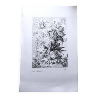 Original lithograph by Jean ADAM, magnificent bouquet of flowers, "EA"