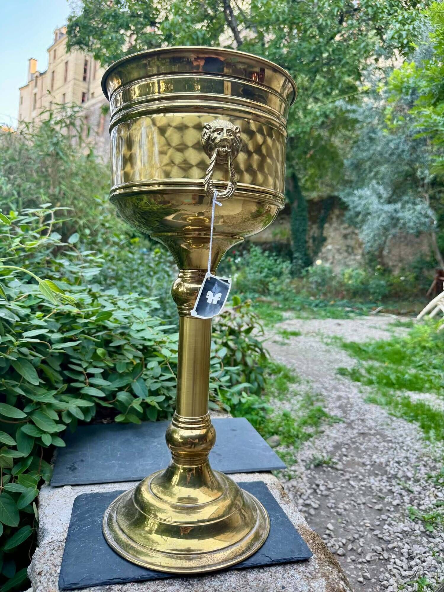 Large brass lion baroque planter on stand