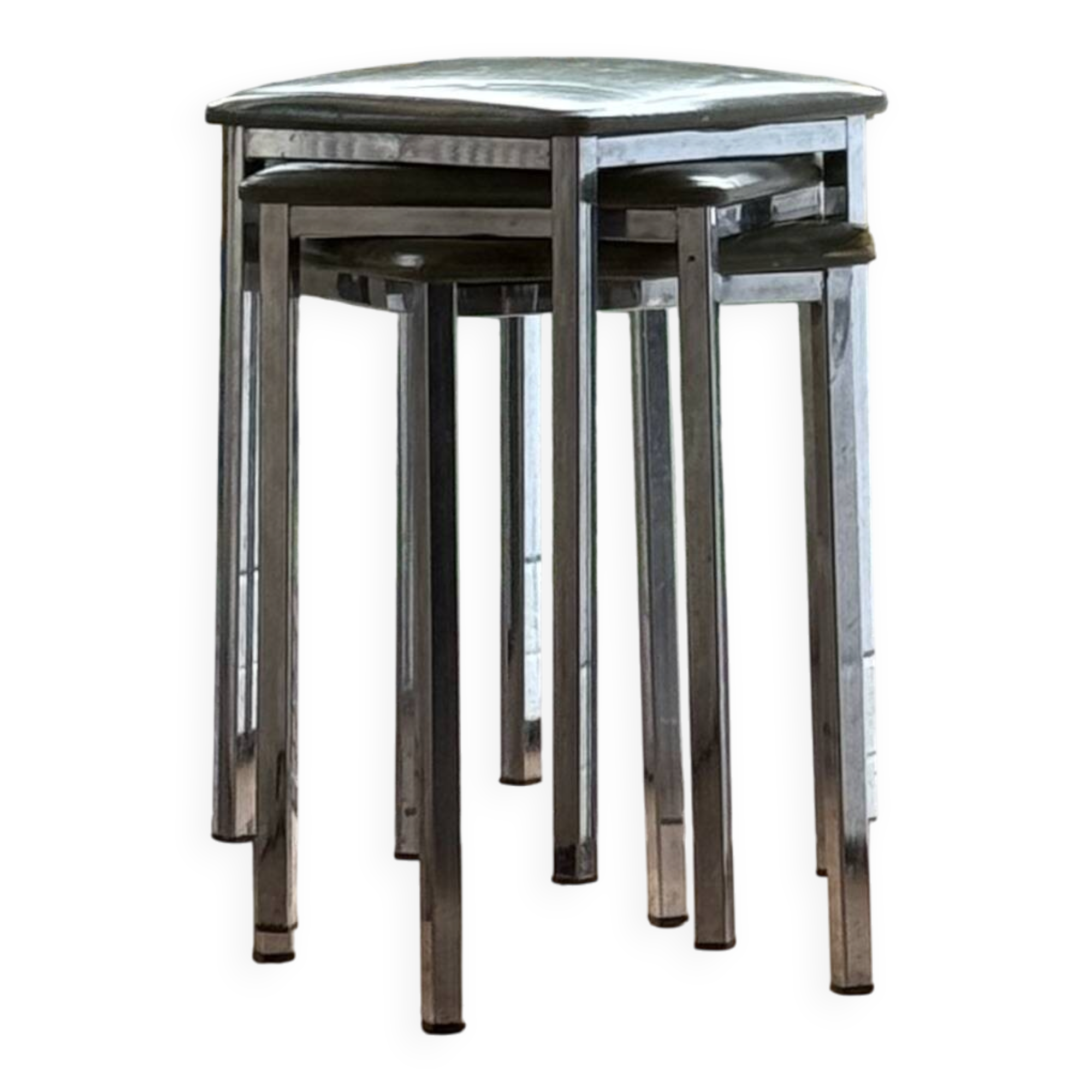 Set of 3 Vintage Stools - Chrome and Olive Green Seat