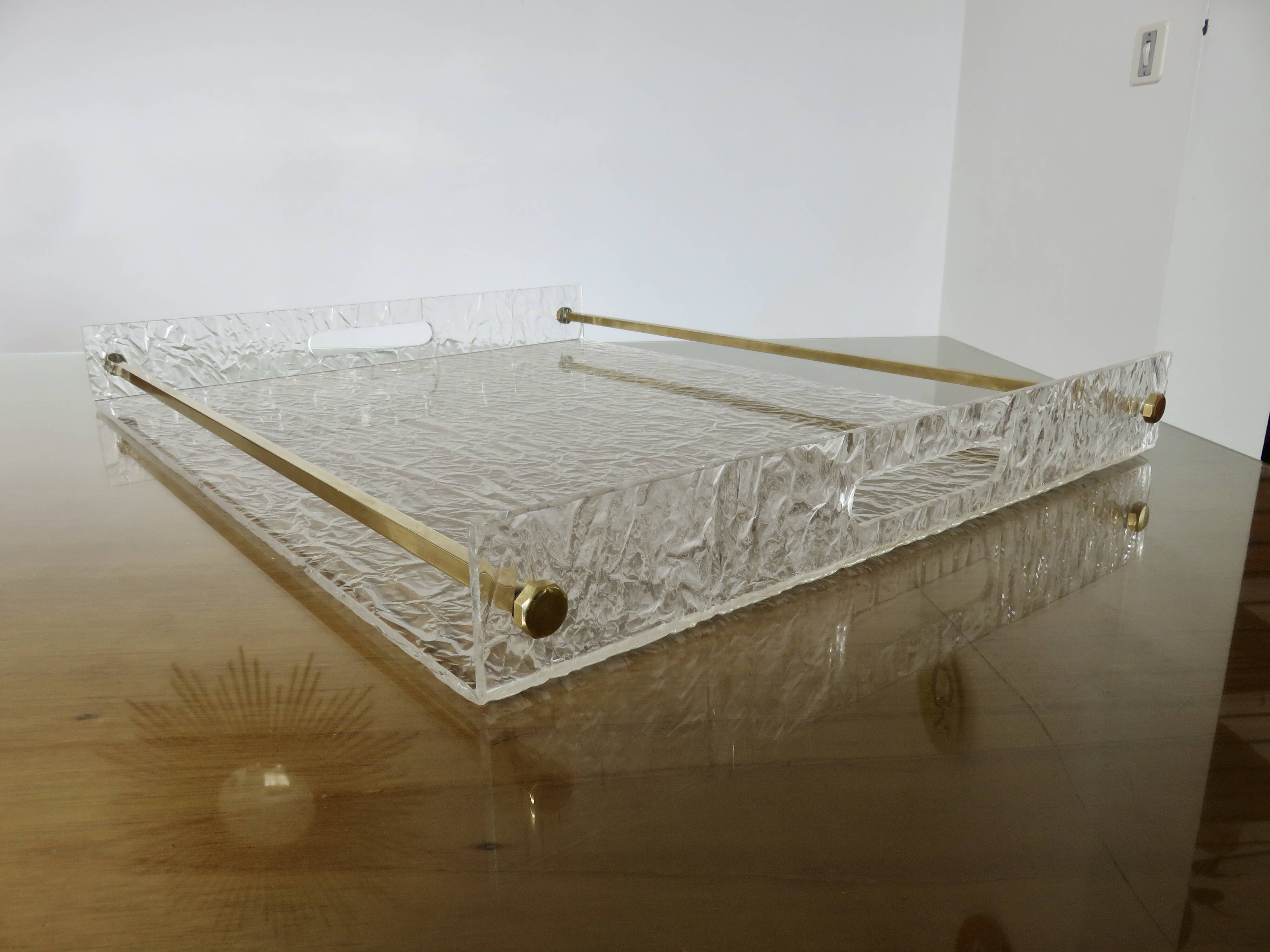 Very large "Roche Bobois" tray in plexiglass and solid brass, 1970s