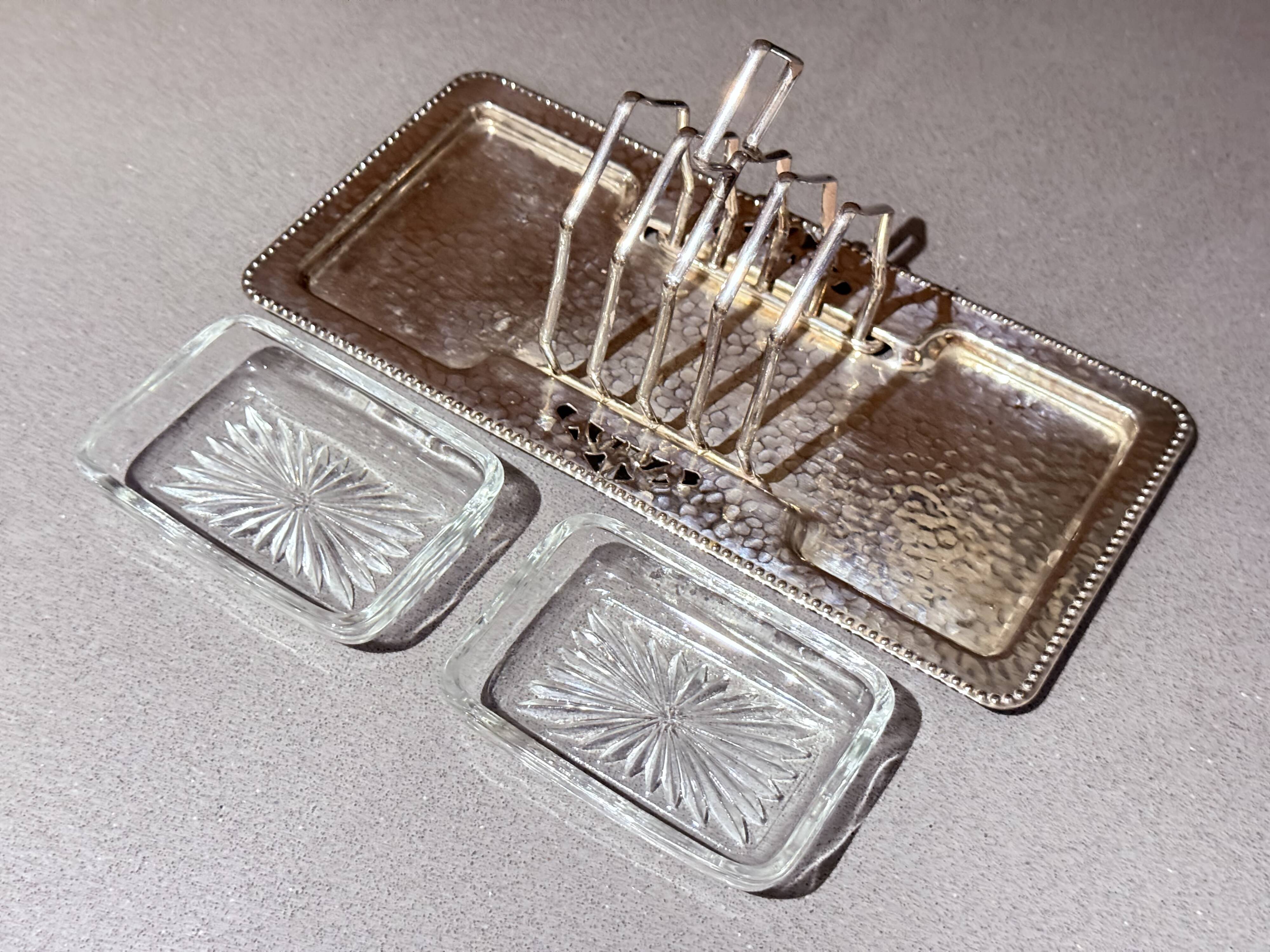 Art Deco Silver Plated Toast Rack, Matching Hammered Tray Crystal Butter Dishes