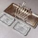 Art Deco Silver Plated Toast Rack, Matching Hammered Tray Crystal Butter Dishes