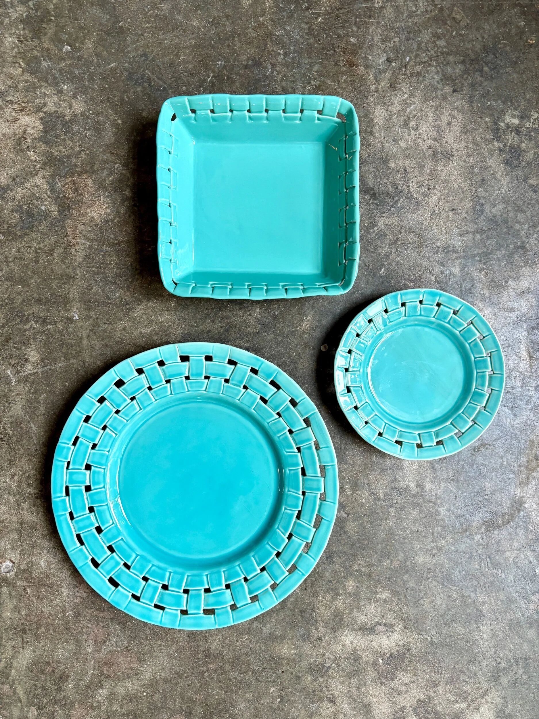 Serving plate, turquoise woven ceramic dish
