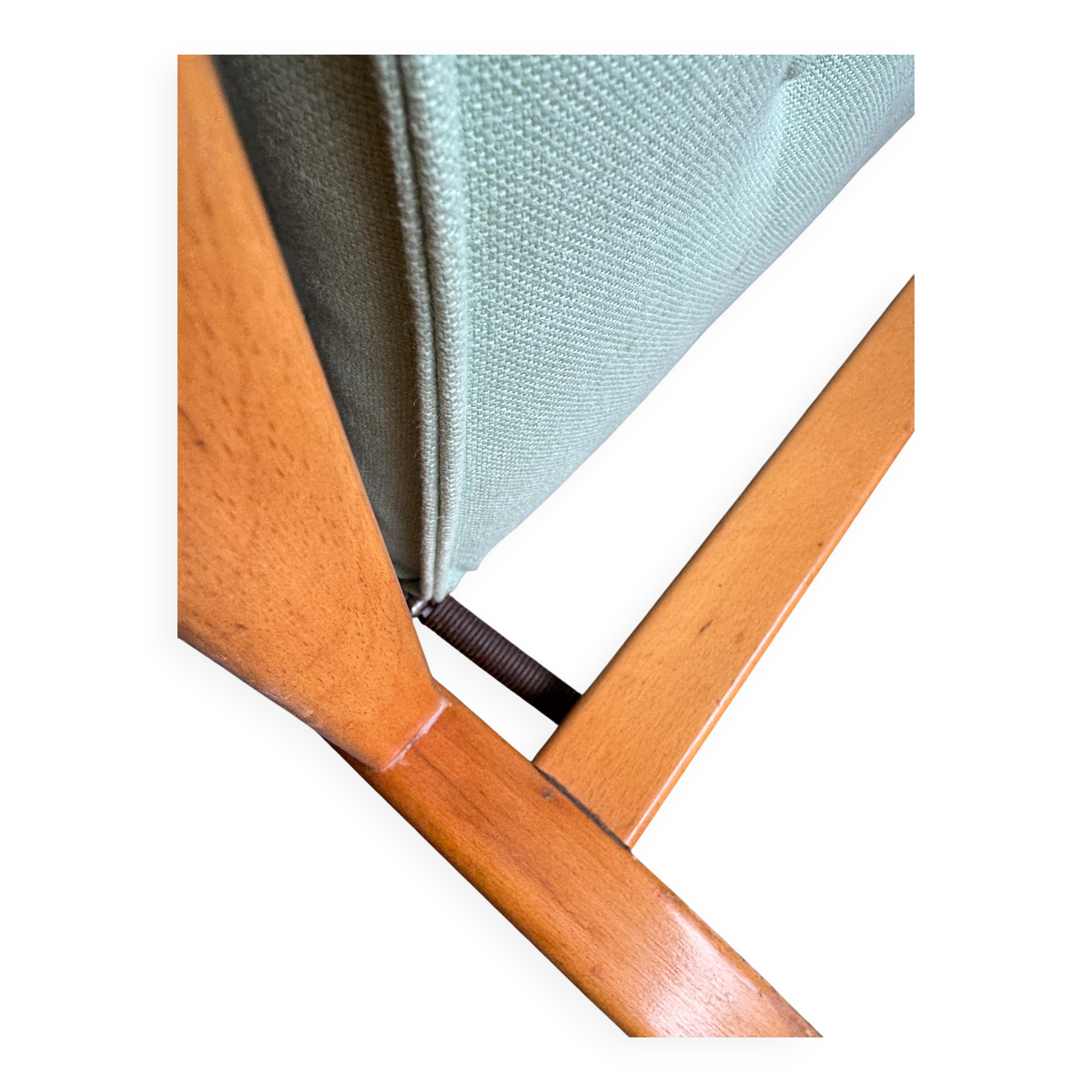 Set of 2 Vintage Mint Green Upholstered Lounge Chairs with Honey Wood Frames