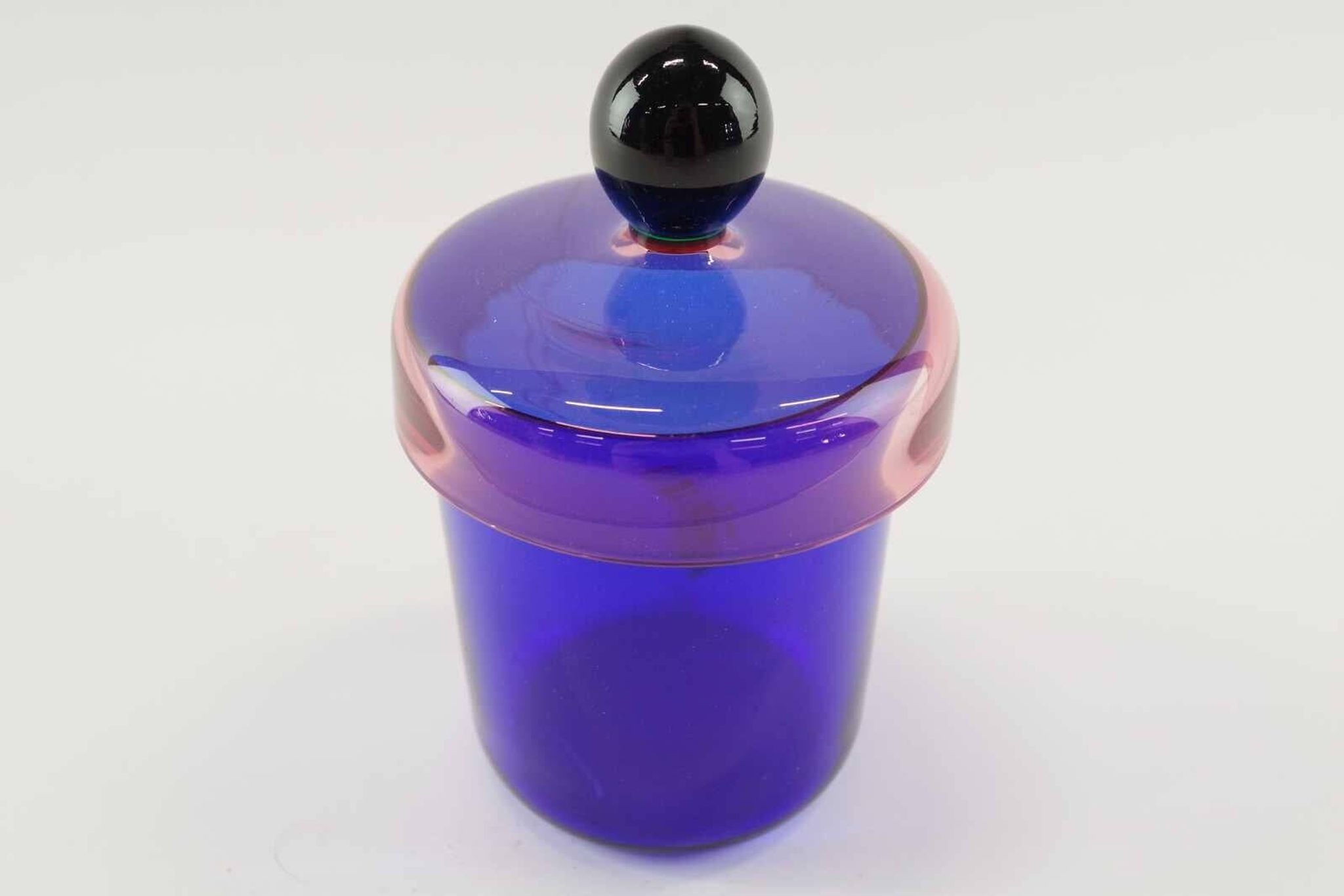 Handmade Blue, Pink and Black Glass Lidded Jar by Erik Höglund, 1992