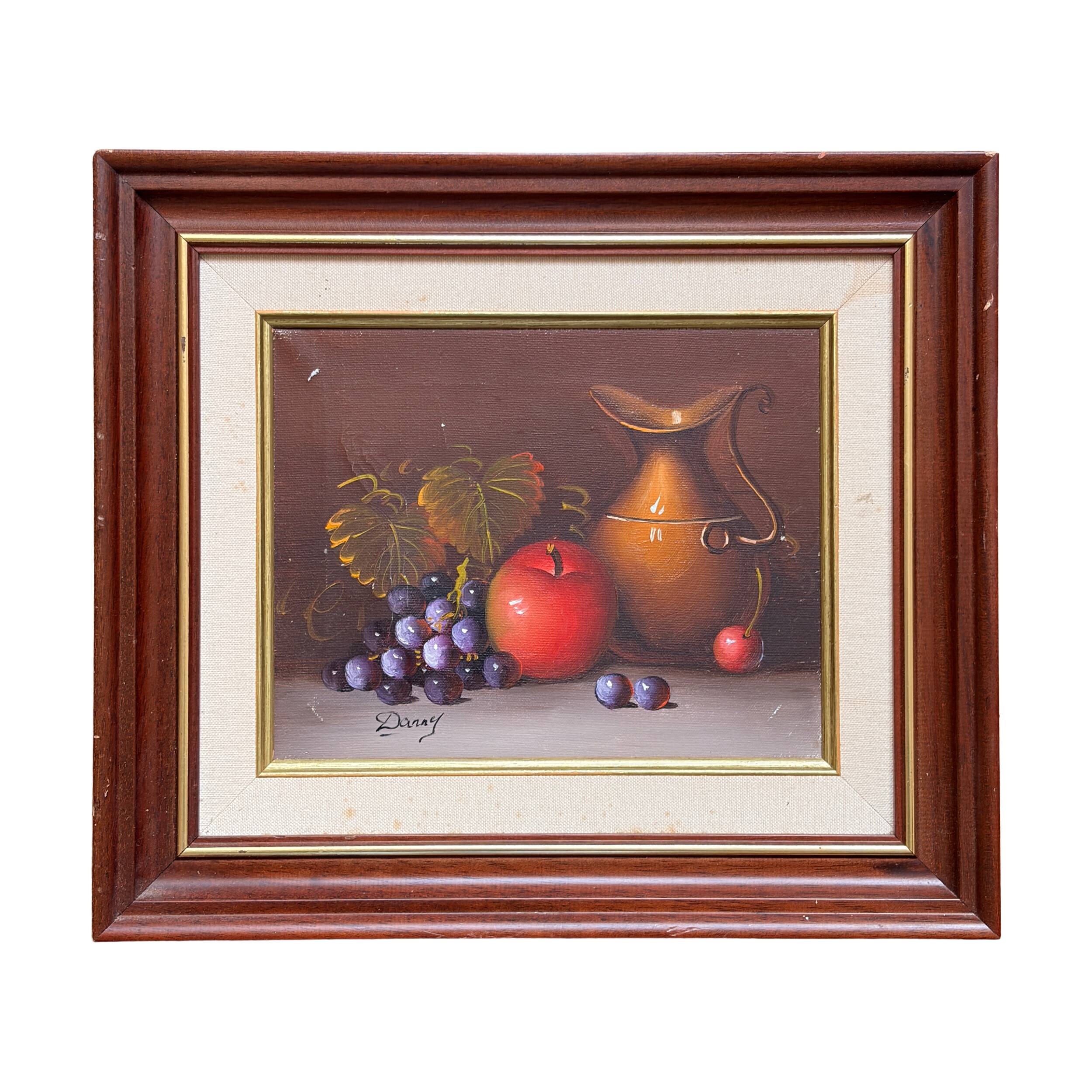 Still Life Table Fruits and Copper Jug Oil Signed Danny Wooden Frame