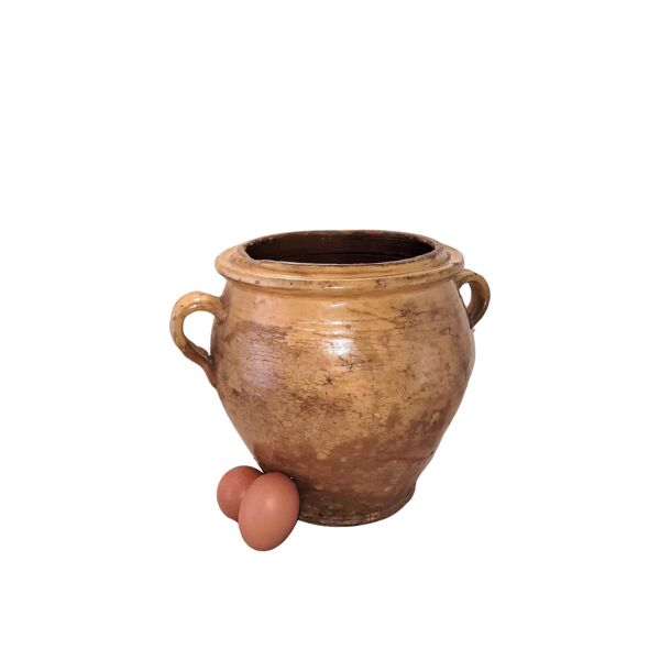 Ancien pot de confit émaillé jaune – Terre cuite XIXe – Sud de la France