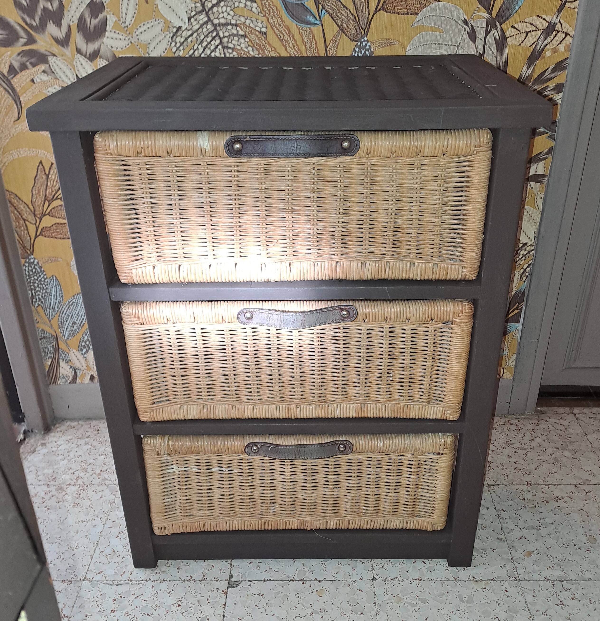 Wooden and wicker storage unit France 1980 / in dark brown repainted wood and 3 wicker drawers