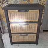 Wooden and wicker storage unit France 1980 / in dark brown repainted wood and 3 wicker drawers