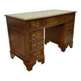 Bureau anglais à caissons des années 1950 en acajou et dessus cuir