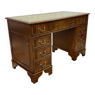 Bureau anglais à caissons des années 1950 en acajou et dessus cuir