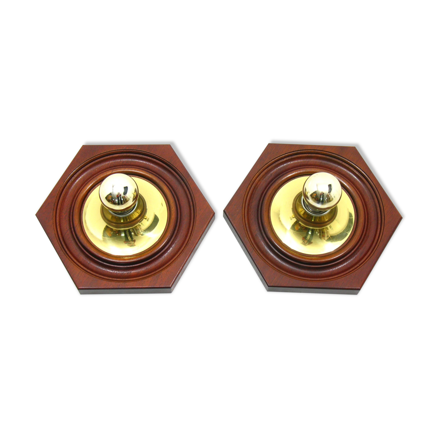 2 appliques hexagonales en bois et laiton, 1970 / 80
