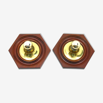 2 appliques hexagonales en bois et laiton, 1970 / 80