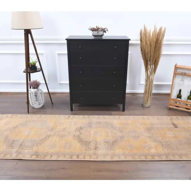 Vintage Turkish Oushak Handmade Wool Cotton Orange Runner Rug 97x327