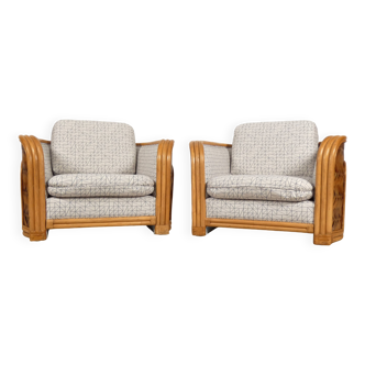 Ensemble de 2 fauteuils en bambou et rotin avec tissu graphique