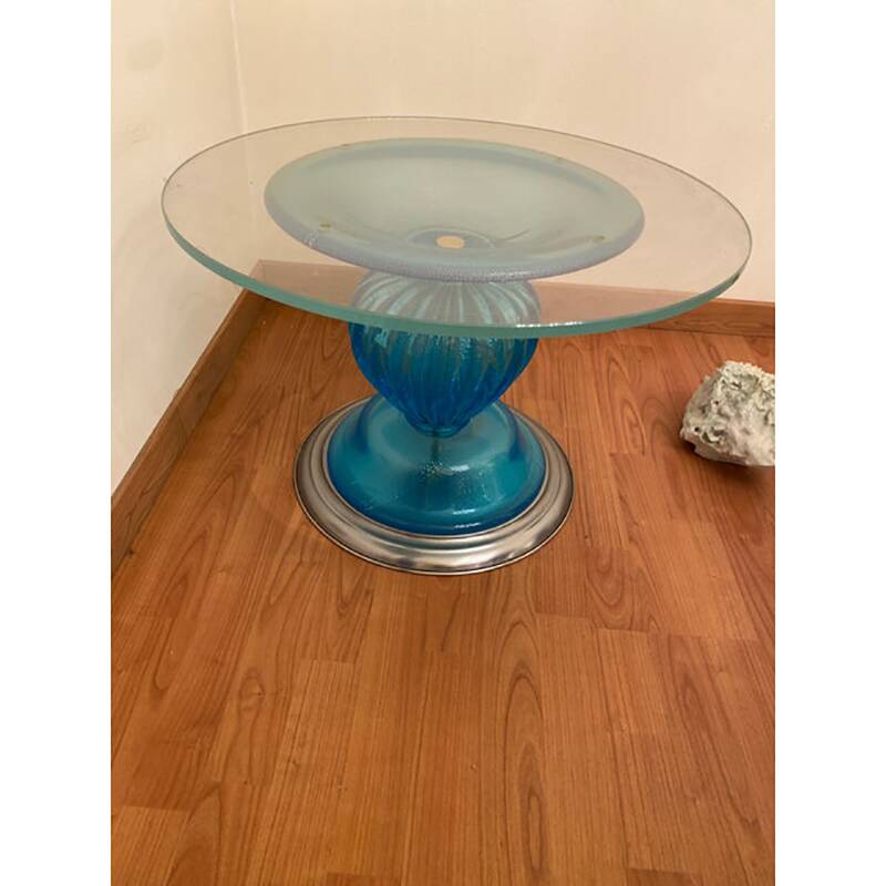 1980s Italian Venetian Blue and Silver Murano Glass Style Coffee Table