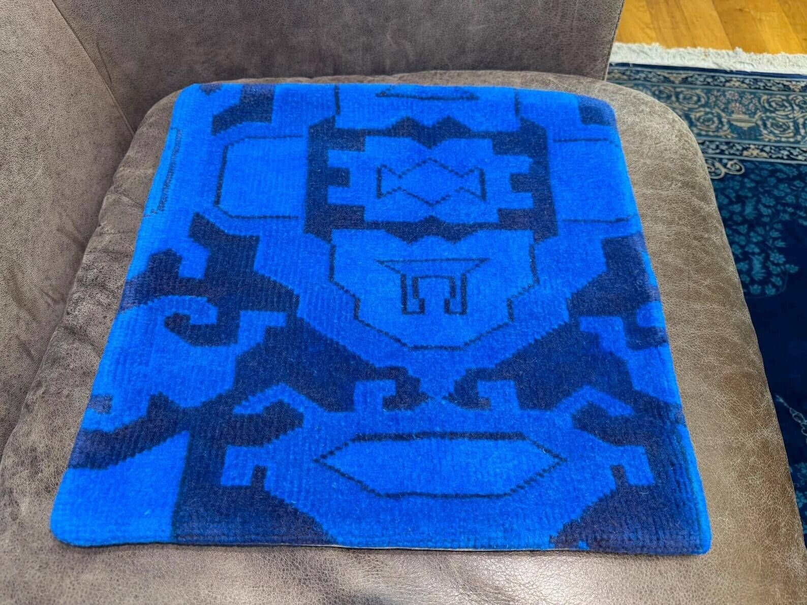 Vintage Turkish Rug Cushion, Handmade Electric Blue Geometric Wool Pillow