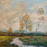Landscape with birch trees signed Billeque