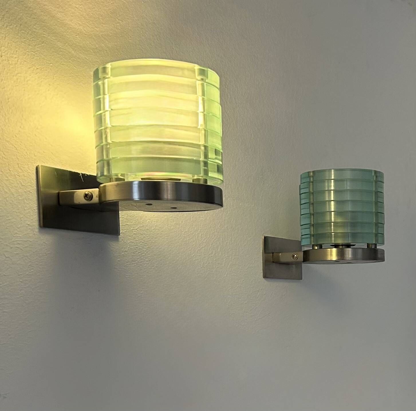 Pair of vintage post-modernist wall lights, glass and metal, Belgium, 1990
