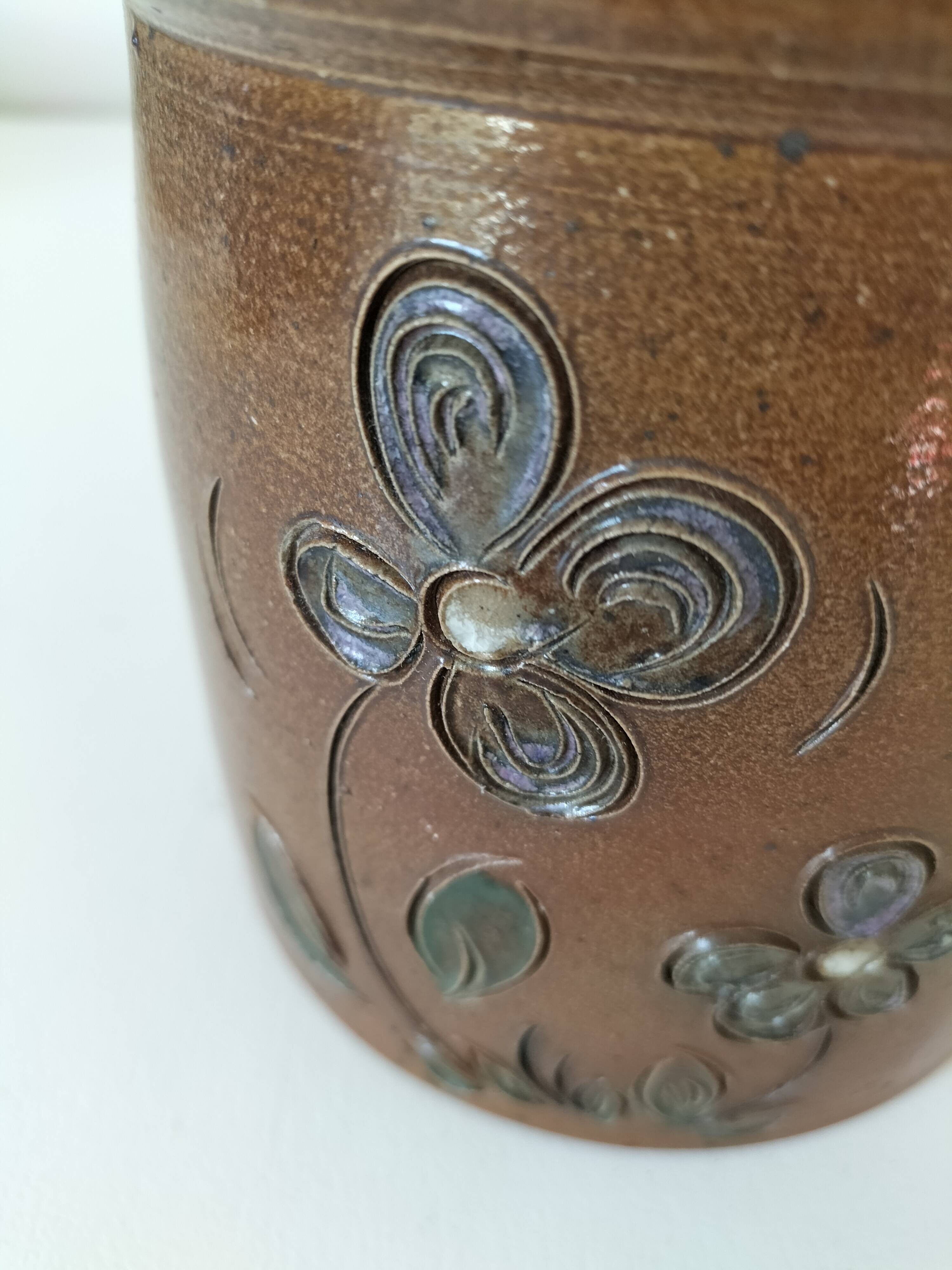 Vintage tea pot in brown flowered stoneware – La Poterie des Mottes – Saint-Amand