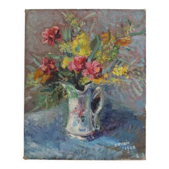 Old painting, oil on cardboard signed E. Astain, "Flowers", 1945
