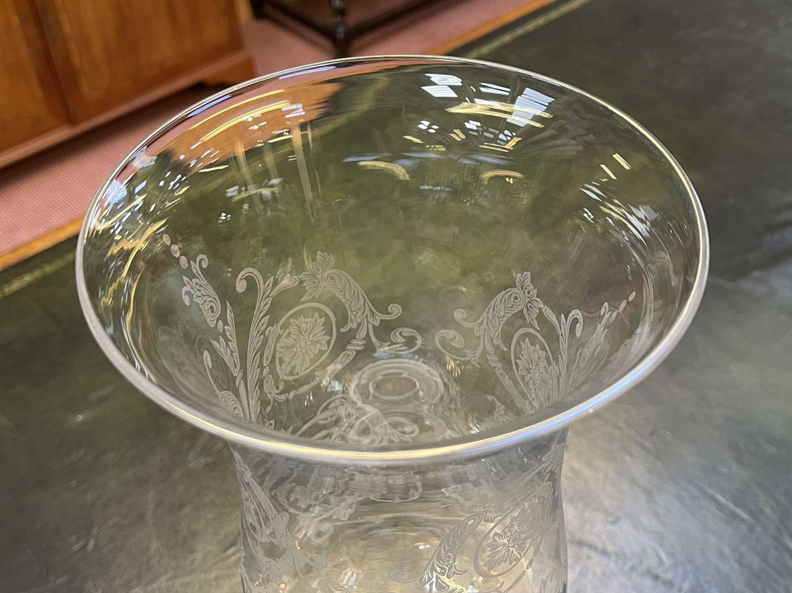 Baccarat crystal lantern with engraved foliage decoration.