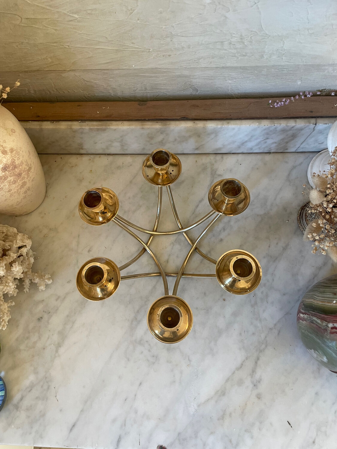 Low six-light brass chandelier circa 1950