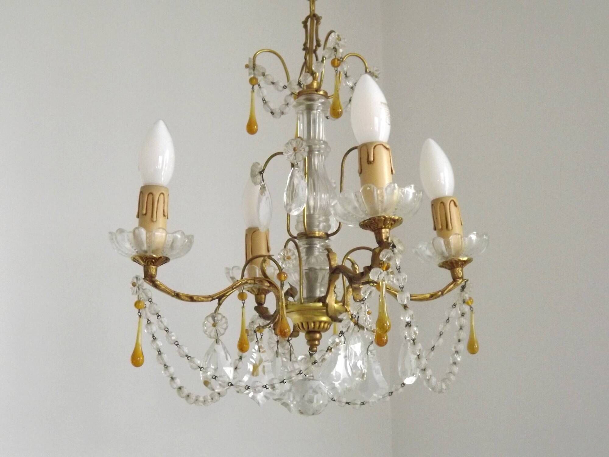 Vintage 4-Light Bronze, Glass & Crystal Chandelier with Amber Glass Drops