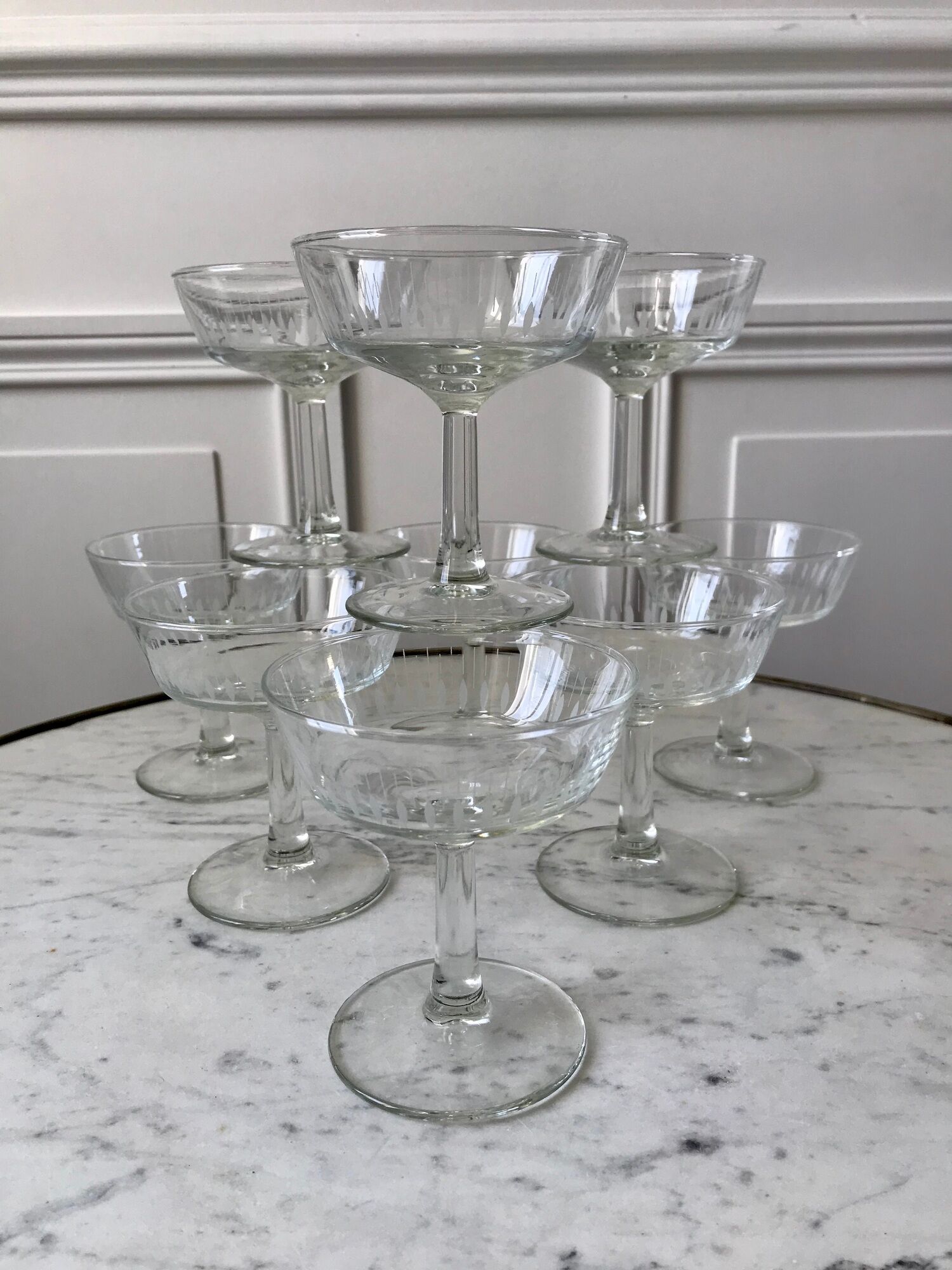 Lot de 10 coupes à champagne en verre cristallin années 50-60