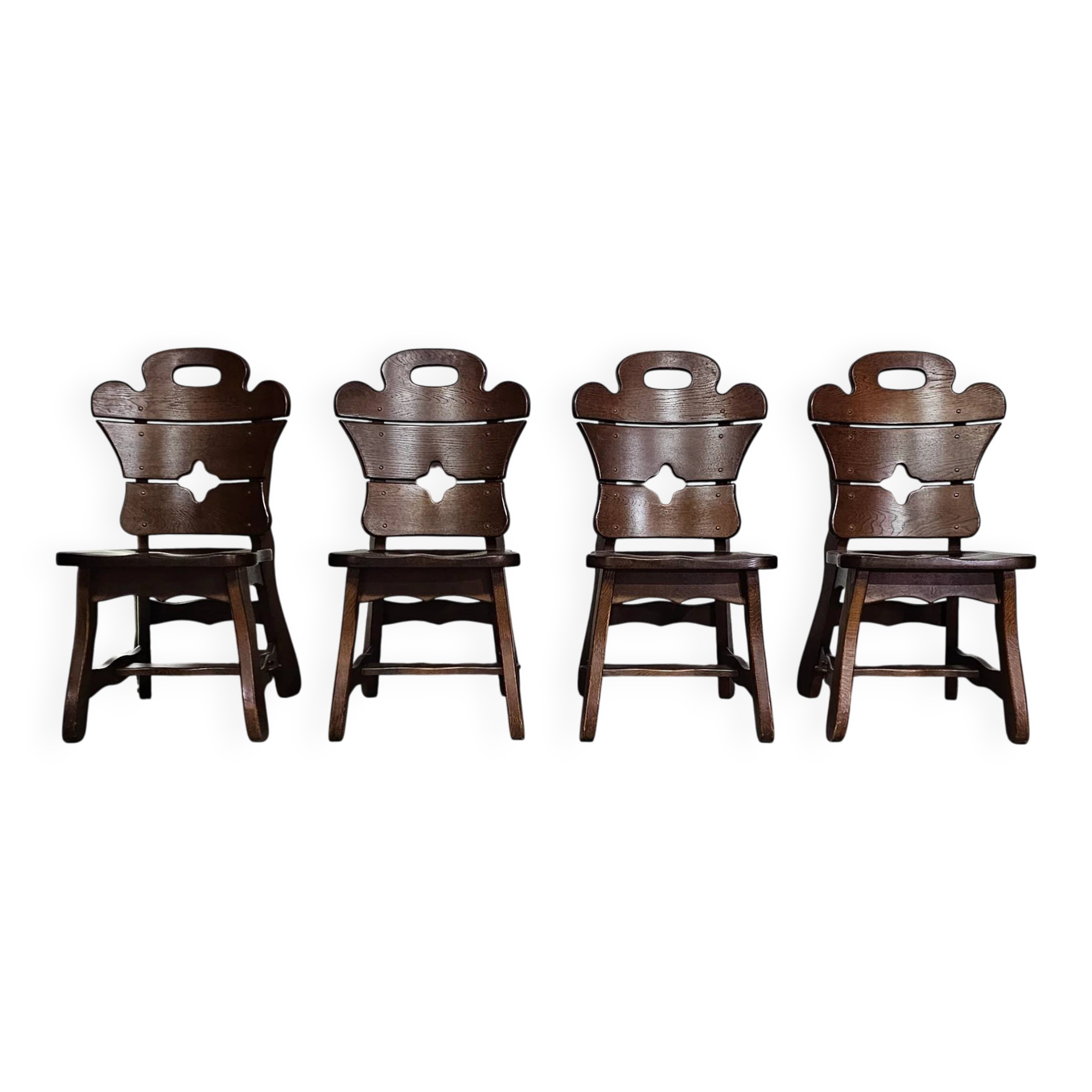 4 x Brutalist oak dining chairs / 60's