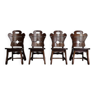 4 x Brutalist oak dining chairs / 60's