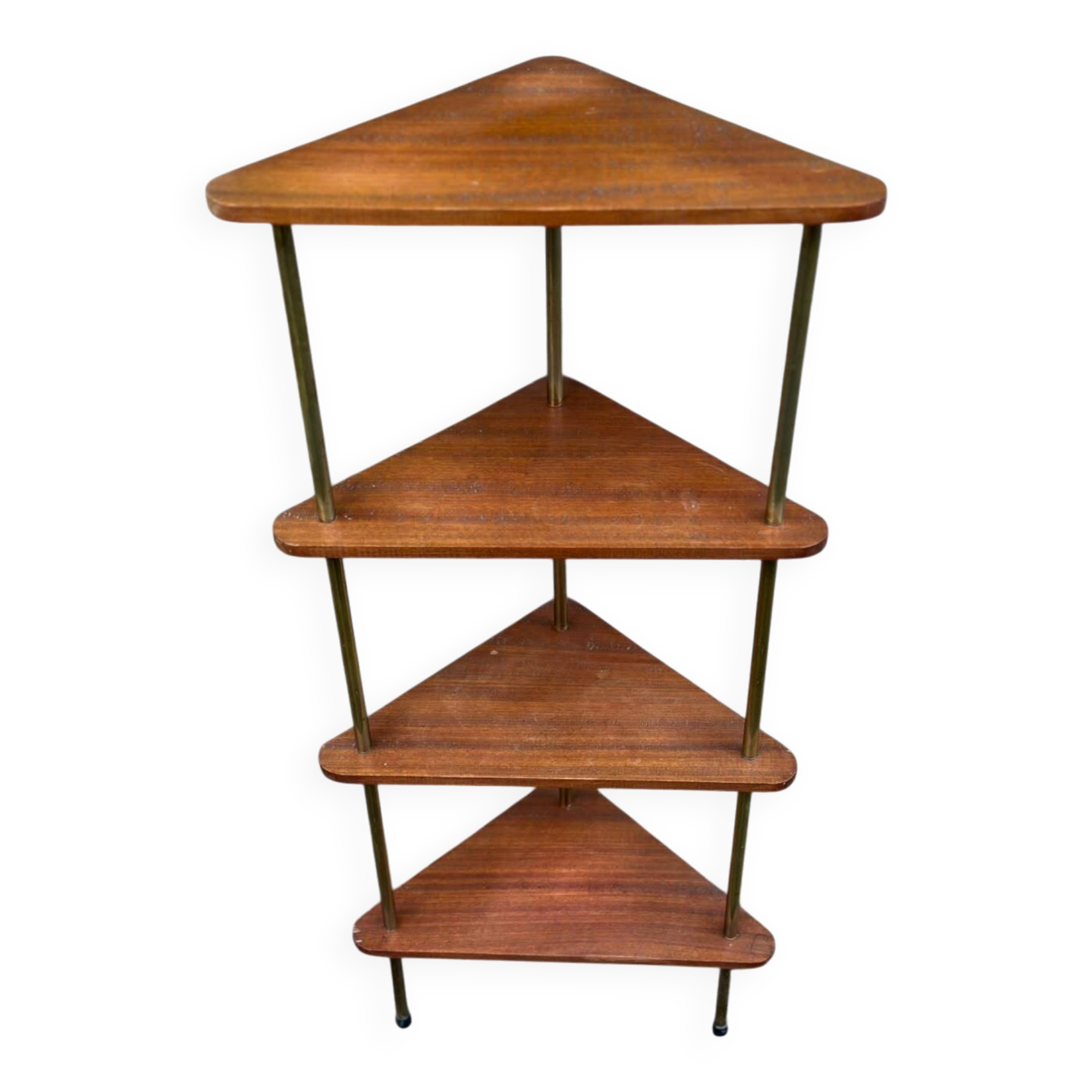 Mid-Century 4-Tier Corner Shelf in Solid Teak/Mahogany Brass 1960