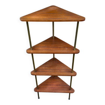 Étagère d'angle 4 niveaux Mid-Century en Teck/acajou massif Laiton 1960