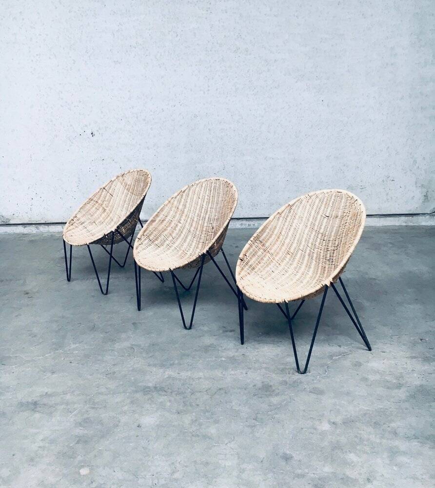 Mid-Century Modern Design Egg Basket Wicker Chairs, Italy, 1950s, Set of 3