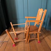 Doll high chair in wood – 1970s, foldable and on wheels