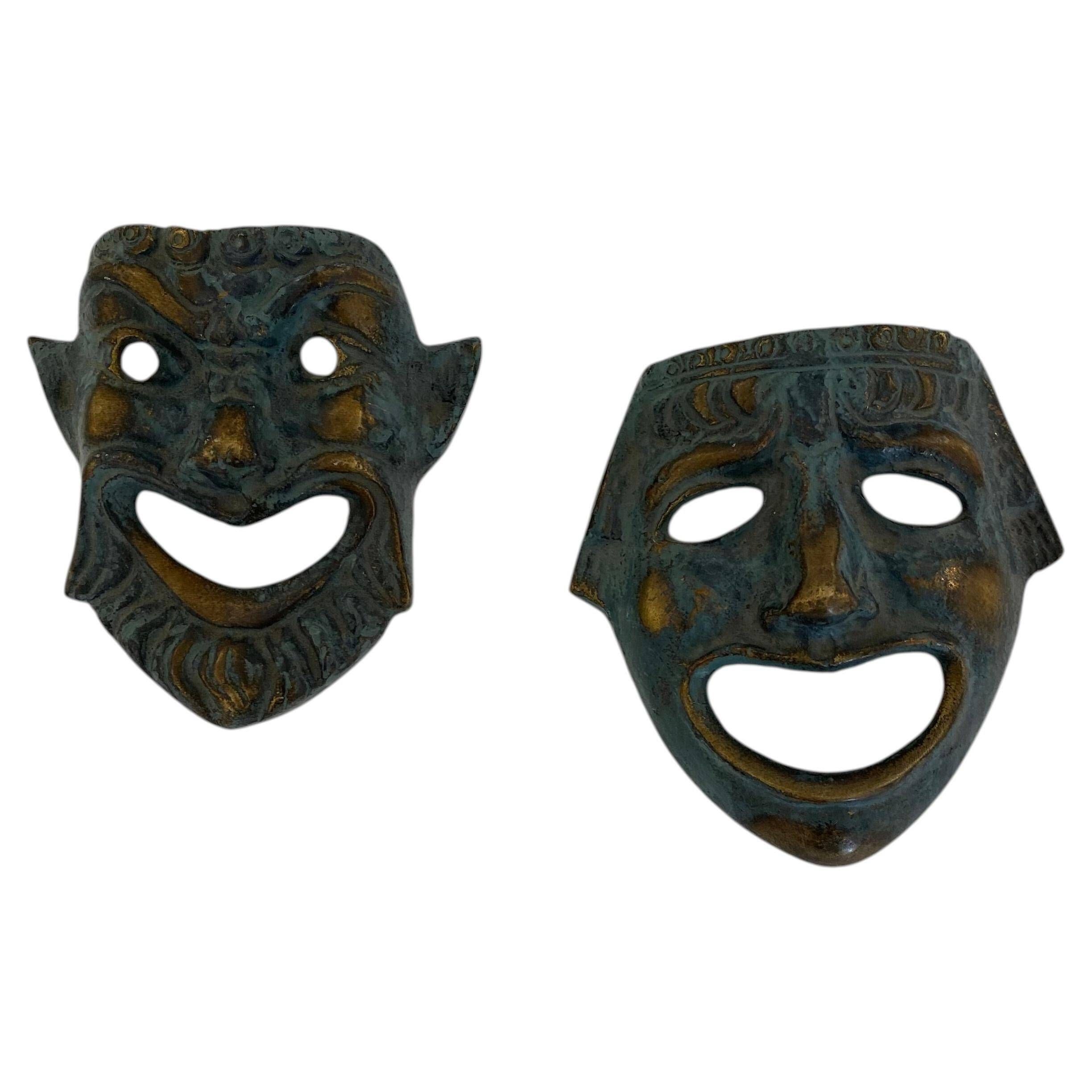 Pair of Small Decorative Bronze/Brass Greek Theatre Masks Wall Hangings, 19