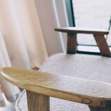 Vintage armchair in oak wood with powder pink boucle design by Chierowski.