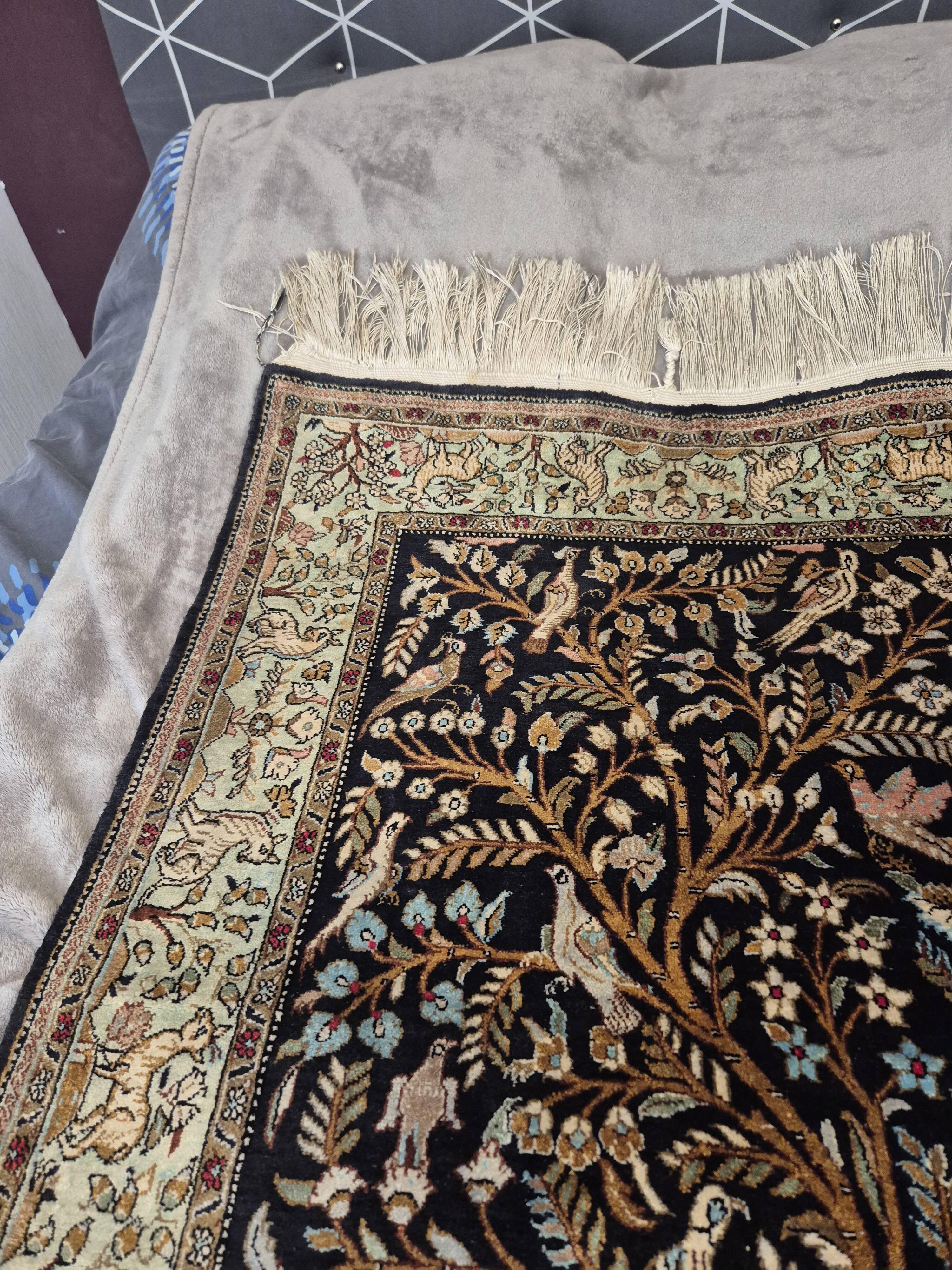 Persian Qom Silk on Silk 80x130 - Tree of Life Black and Gold - Very Fine