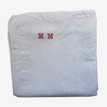 Drap de campagne rustique, en épais lin et coton 2m10 x 2m85, monogrammé mm