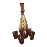 Amber crystal decanter and 5 matching glasses.