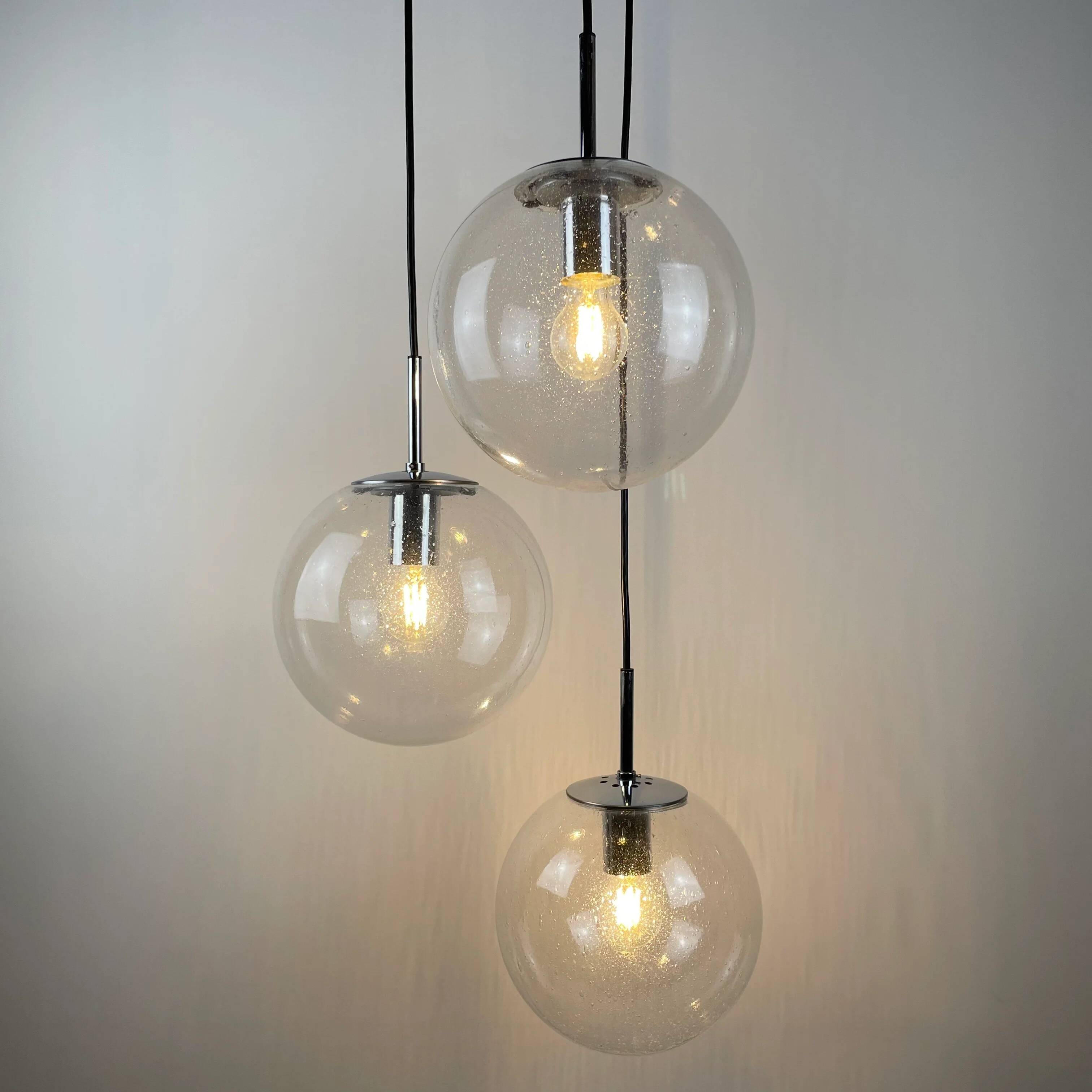 Set of 3 glass bubble globes 4101 by Glashütte Limburg 1970