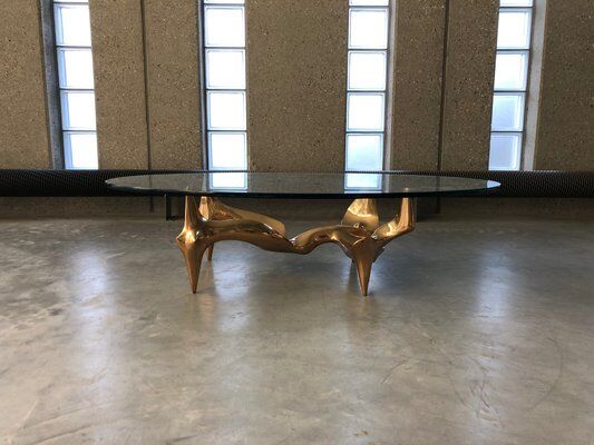 Bronze and glass coffee table with female sculpture by Victor Roman