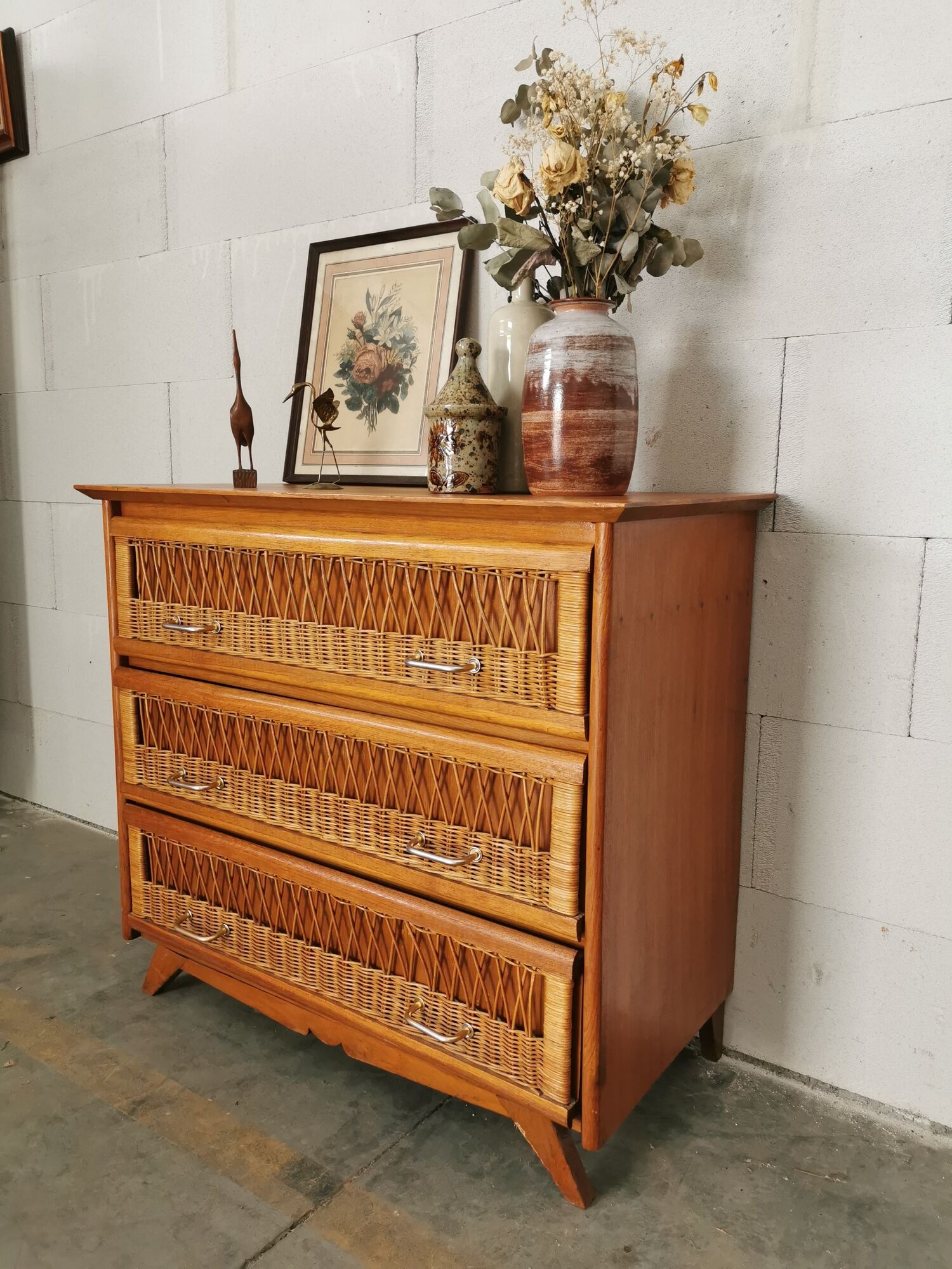 Vintage wood and rattan chest of drawers